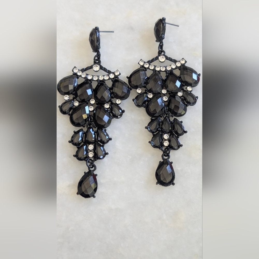 Dramatic Black Chandelier Earrings with Teardrop Crystals